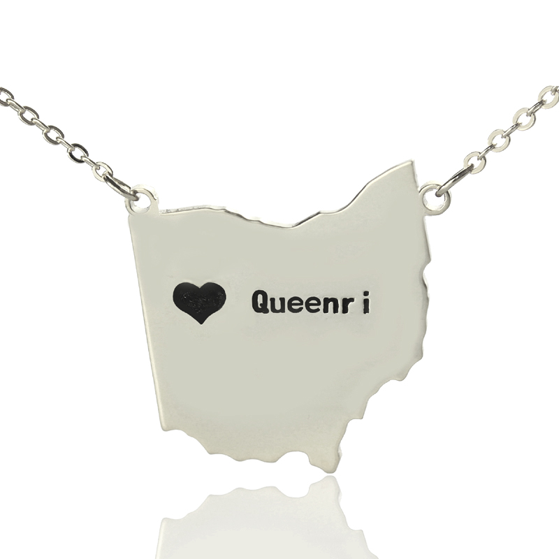 Custom Ohio State Map Heart Name Necklace Custom Ohio state map necklace with heart and name detail