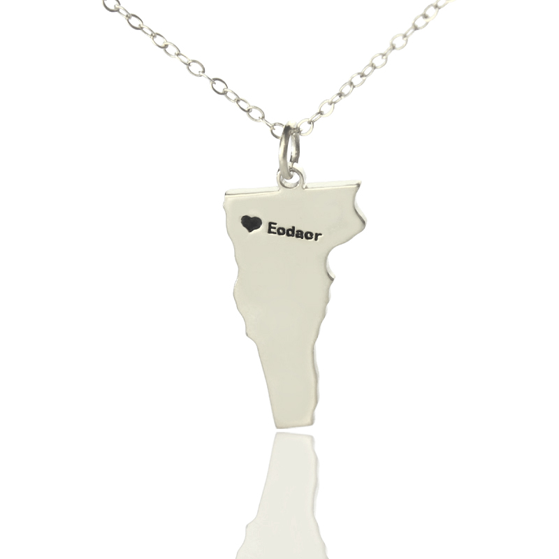 Custom Vermont State Map Heart Name Necklace Custom Vermont state map necklace with heart and name detail