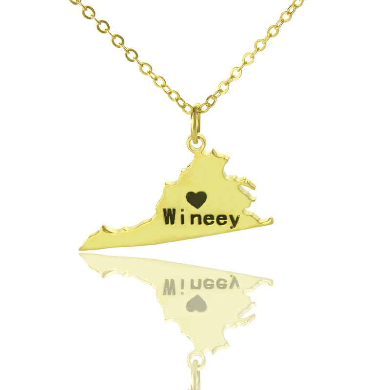 Virginia Map Heart Name Necklace Personalised Virginia state map necklace with heart and name detail