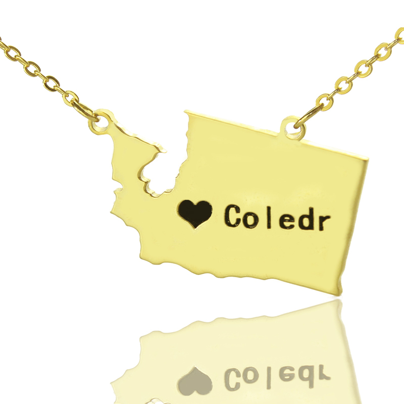 Washington State Map Heart Name Necklace Washington State USA map heart name necklace in gold colour