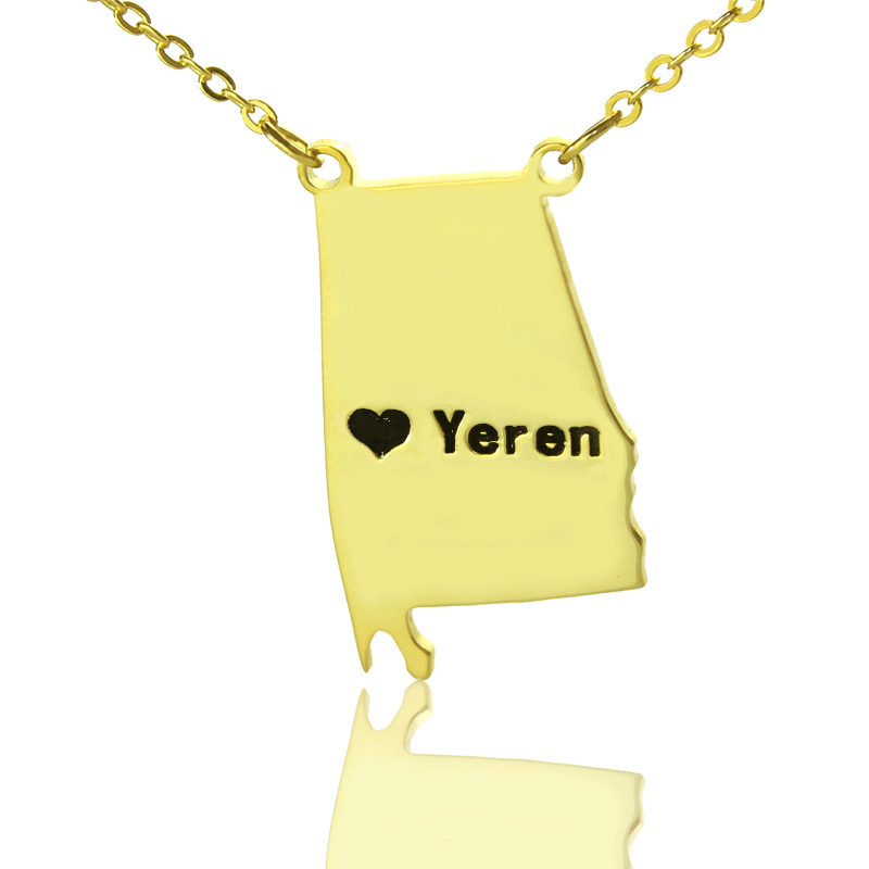 USA State Map Necklace with Custom City Heart Gold-colour USA state map necklace with a heart location detail