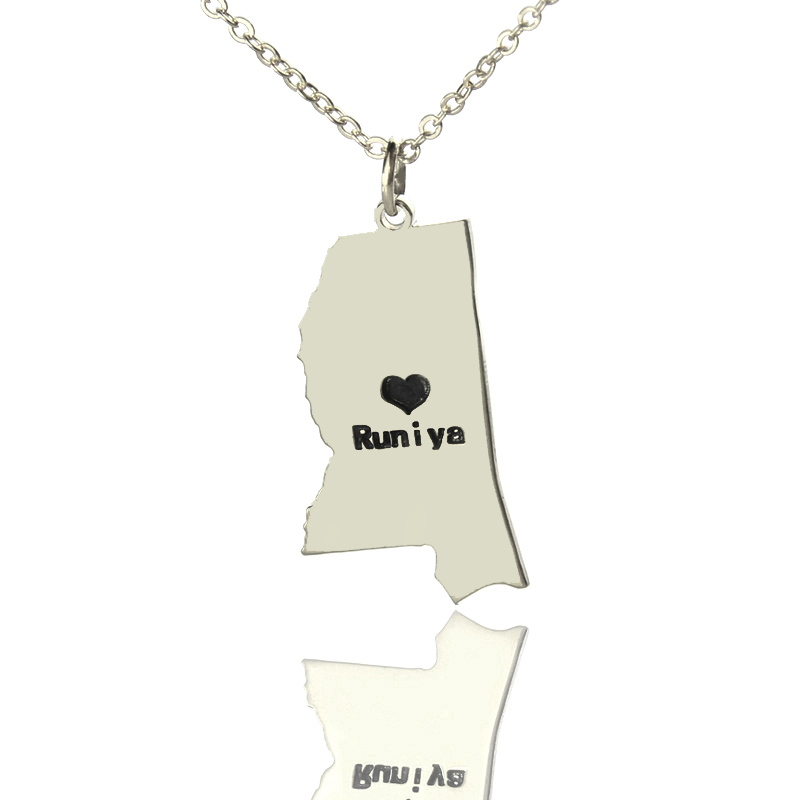 Mississippi State Heart Name Necklace in Silver Mississippi state-shaped heart name necklace in silver