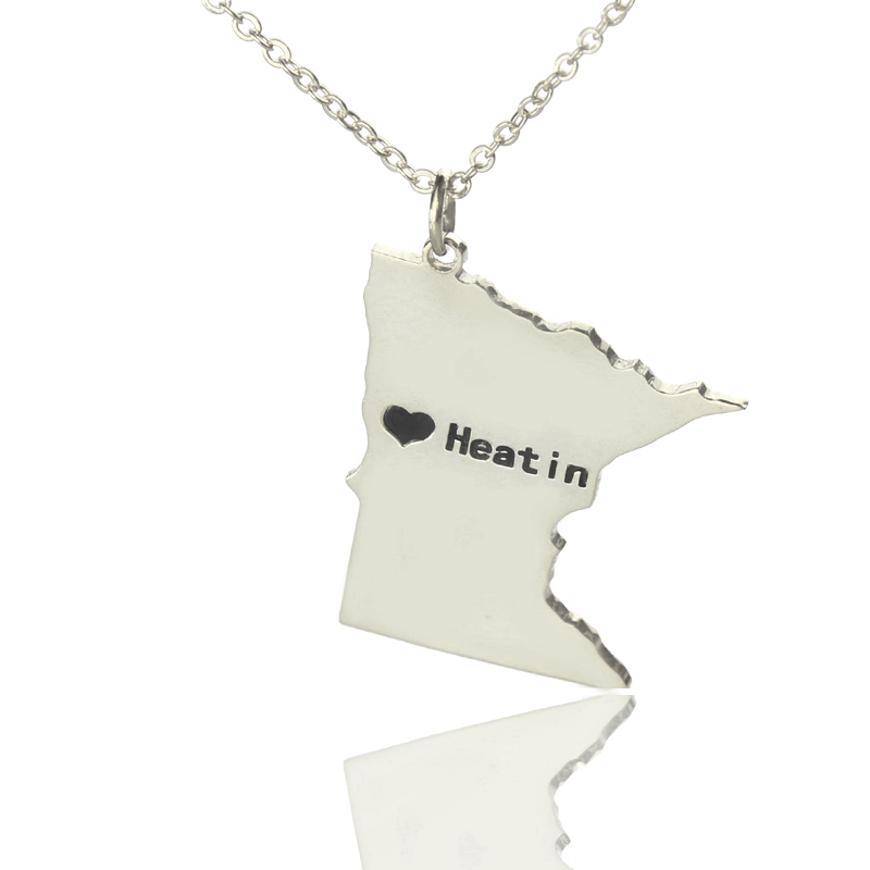 Custom Minnesota State Heart Name Necklace Custom Minnesota state shaped heart name necklace in silver