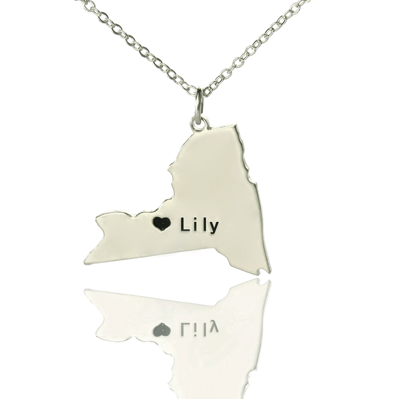 Personalised New York State Heart Name Necklace Personalised New York state-shaped heart name necklace in silver