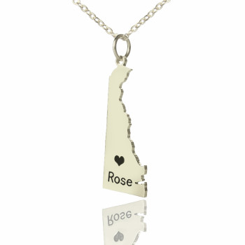 Custom Delaware State Shaped Necklaces With Heart Name Silver