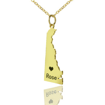 Custom Delaware State Shaped Necklaces With Heart Name Gold Plated
