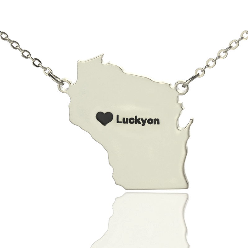 Custom Wisconsin State Heart Name Necklace Custom Wisconsin state-shaped heart and name necklace