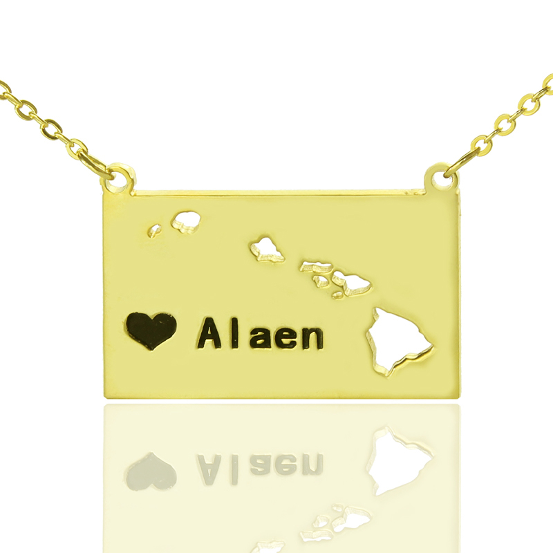 Custom Hawaii State Heart Name Necklace Custom Hawaii state-shaped heart name necklace