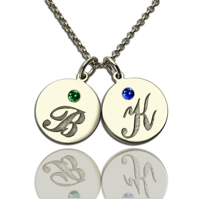 Personalised Disc Necklace with Initial Birthstone Personalised disc necklace with initials and an optional birthstone