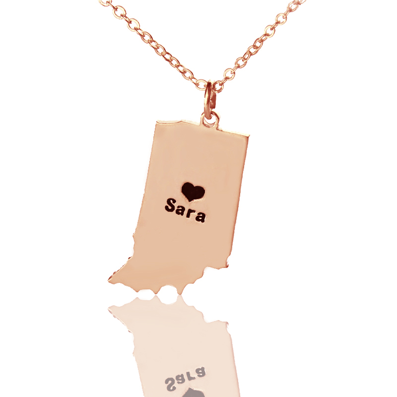 Custom Indiana state-shaped heart name necklace in rose gold