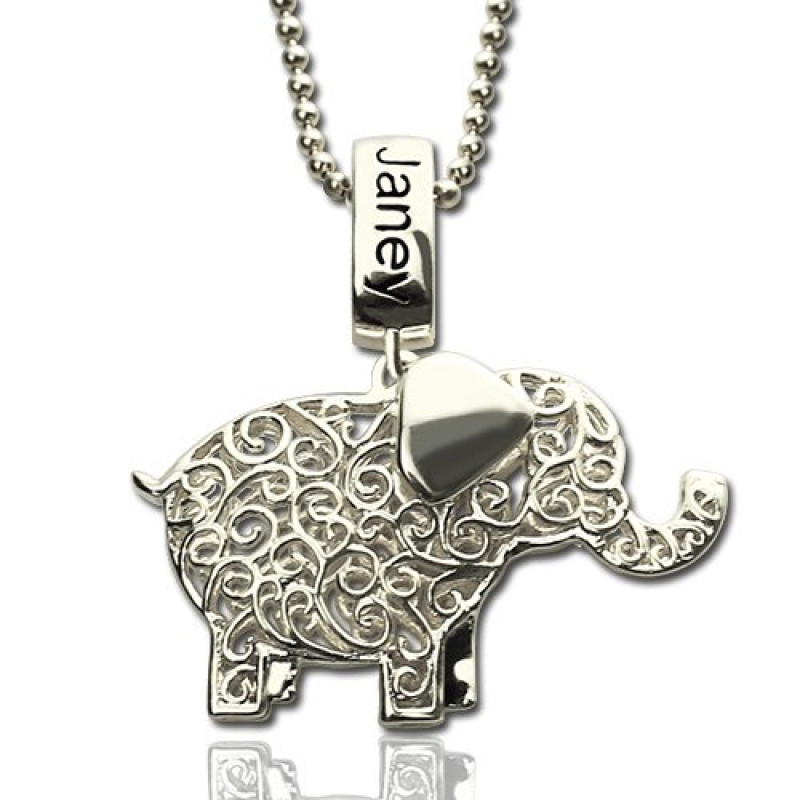 Personalised silver elephant charm name necklace