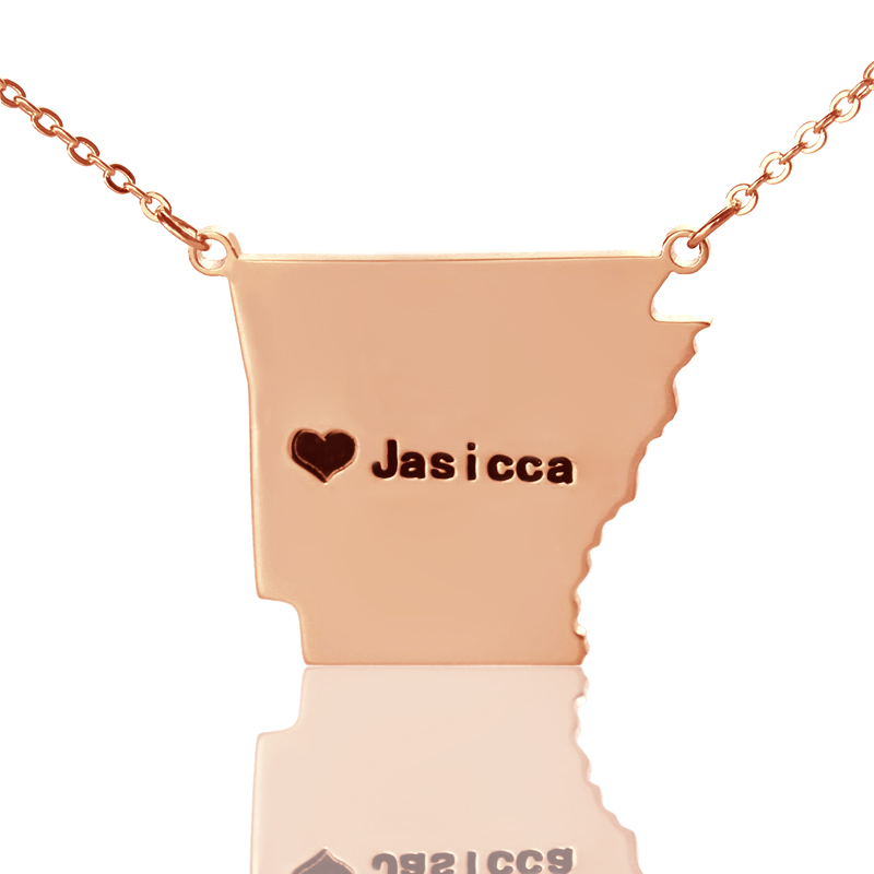 Custom Arkansas state map necklace with a heart city marker