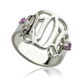 Sterling silver three-initial monogram ring with birthstones