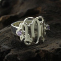 View of sterling silver three-initial birthstone monogram ring