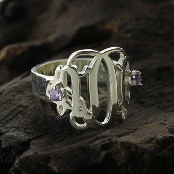 Birthstone Monogram Rings For Women Sterling Silver Birthstone Monogram Rings For Women Sterling Silver