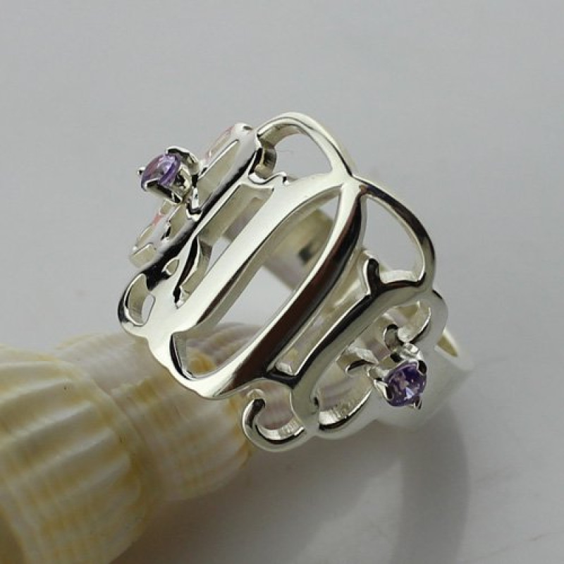 Detail view of sterling silver cut-out monogram ring