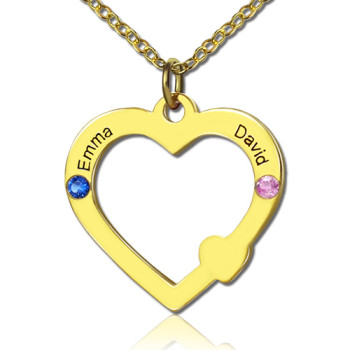 18ct Gold Open Heart Necklace with Double Name Birthstone