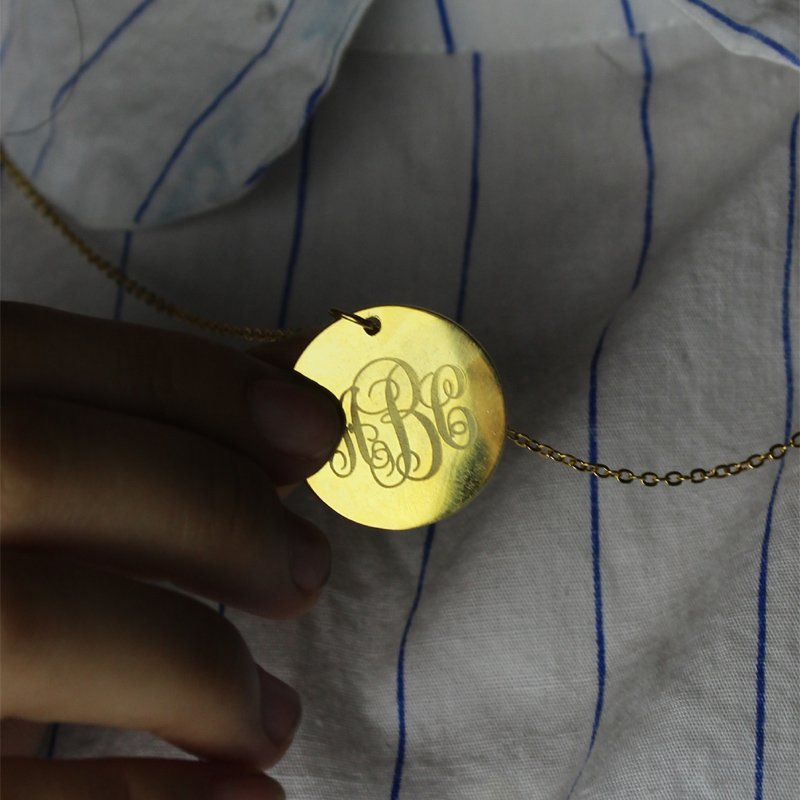 Disc Script Monogram Necklace 18ct Gold Plated Personalised disc script monogram necklace with round engraved pendant