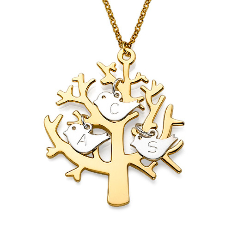 Gold Plated Tree Necklace with Silver Initial Birds Gold plated tree necklace with sterling silver initial birds