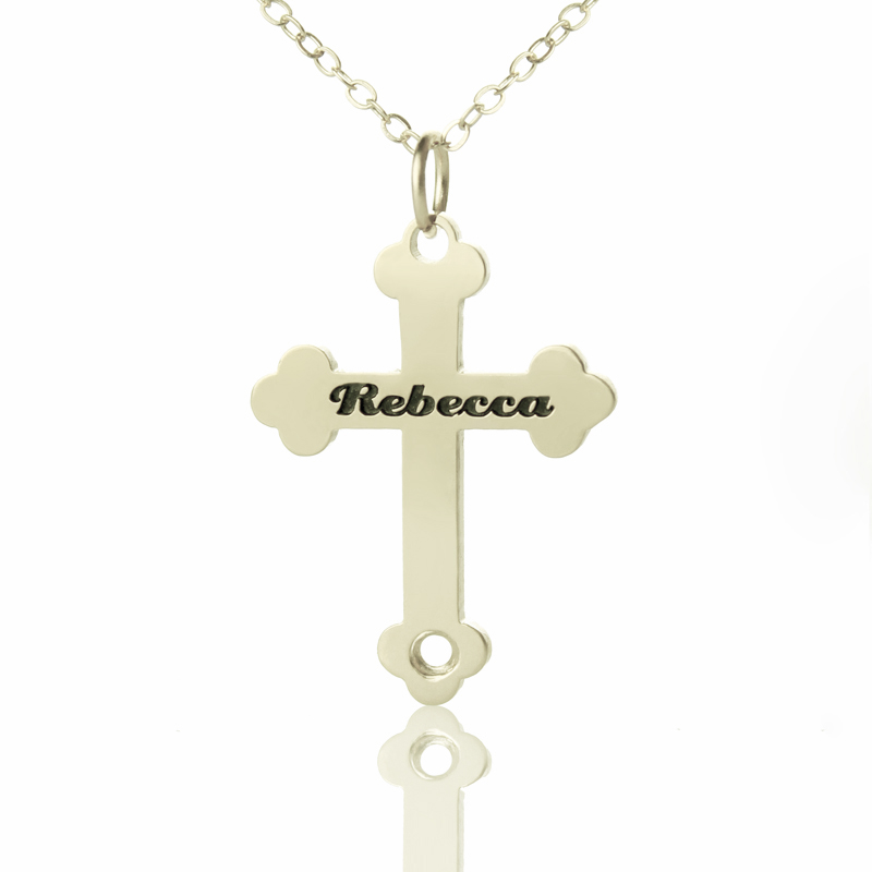 Silver Rebecca font cross name necklace