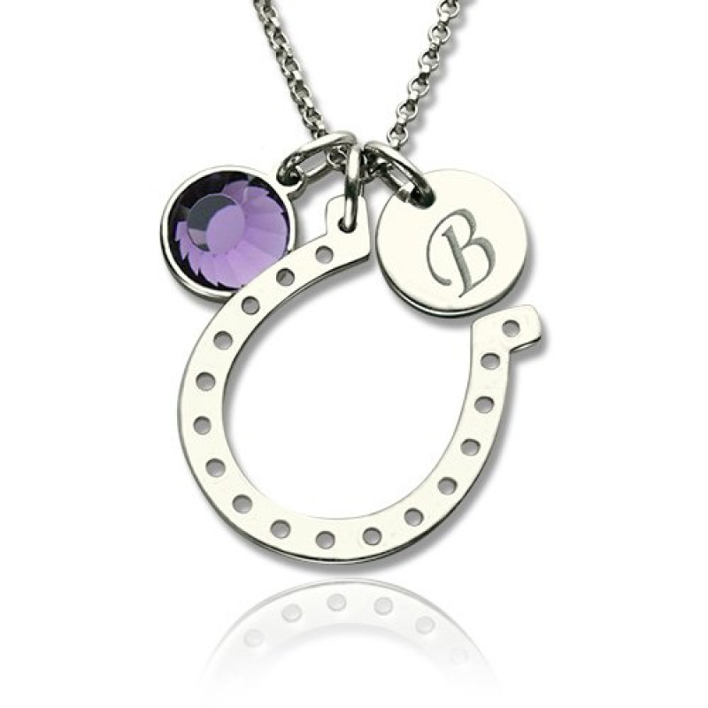Personalised horseshoe necklace with initial disc and crystal birthstone charm