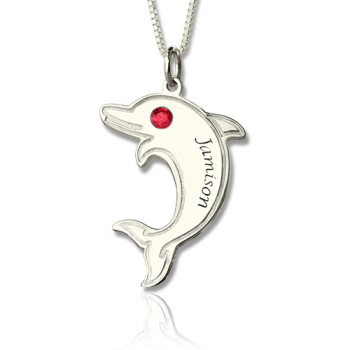 Dolphin Necklace with Birthstone Name Sterling Silver