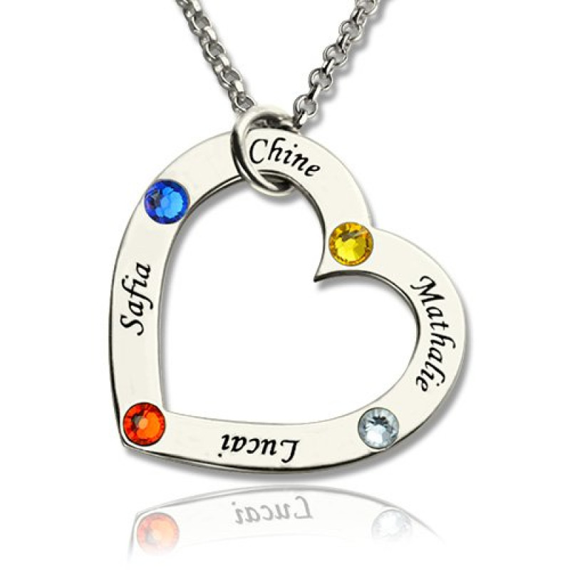 Mother Heart Name and Birthstone Necklace Personalised sterling silver mother heart necklace with engraved names and birthstones