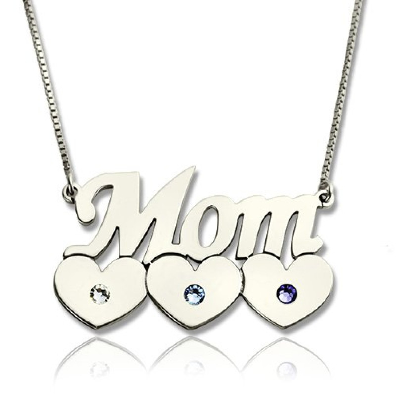 Mother Necklace with Children's Birthstone Silver mother necklace with Mom heart pendant and child birthstone detail