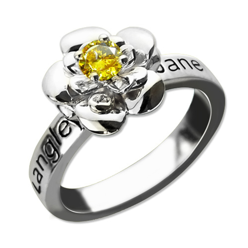 Engraved Rose Birthstone Ring in Sterling Silver Personalised sterling silver rose ring with engraved name and birthstone