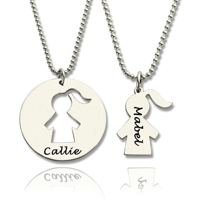Engraved Mother and Daughter Necklace Set Engraved mother and daughter necklace set with cut-out girl pendants