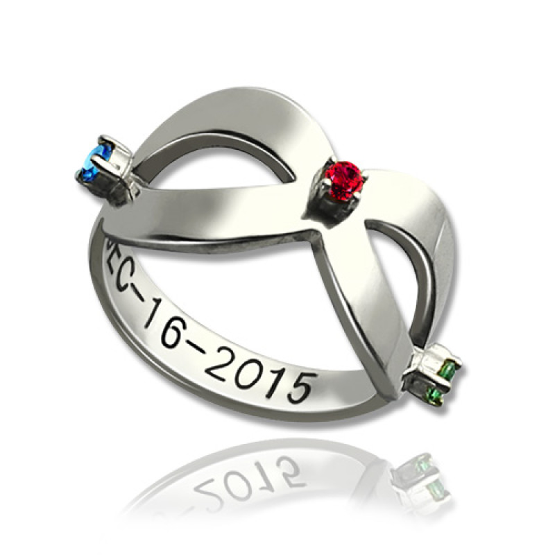 Engraved infinity birthstone ring with personalised date detail
