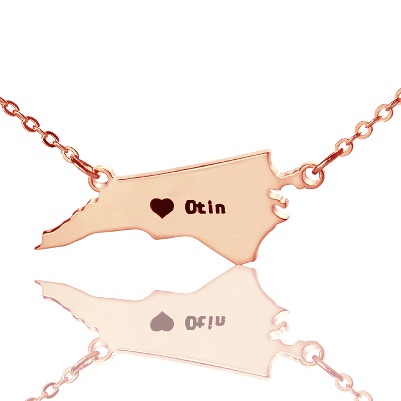 Personalised North Carolina Map Name Necklace Personalised North Carolina map name necklace with heart detail in rose gold