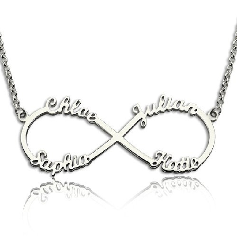 Personalised sterling silver infinity symbol necklace with four names