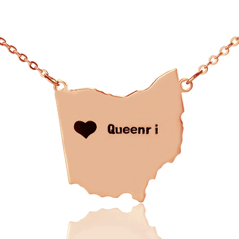 Custom Ohio State Map Heart Name Necklace Custom Ohio state map necklace with heart and name detail in rose gold