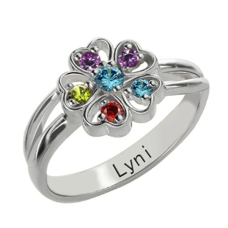 Engraved Name Flower Birthstone Ring Engraved name flower ring with heart-shaped petals and birthstone settings