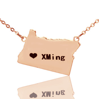 Custom Oregon State USA Map Necklace With Heart Name Rose Gold