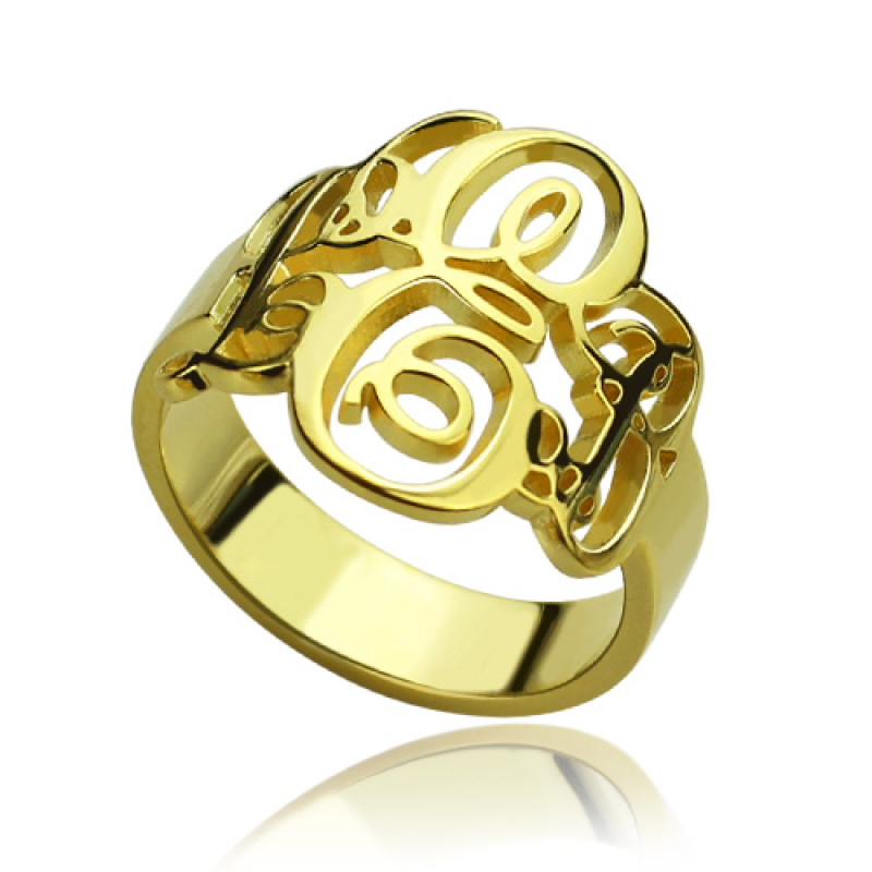 Interlocking three initials monogram ring in 18ct gold plating