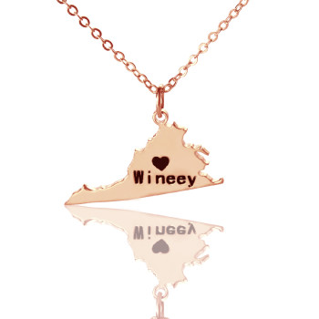 Virginia State USA Map Necklace With Heart Name Rose Gold