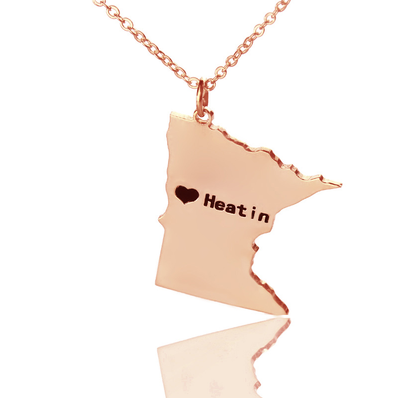 Custom Minnesota Heart Name Necklace – Rose Gold Custom Minnesota state-shaped heart name necklace in Rose Gold