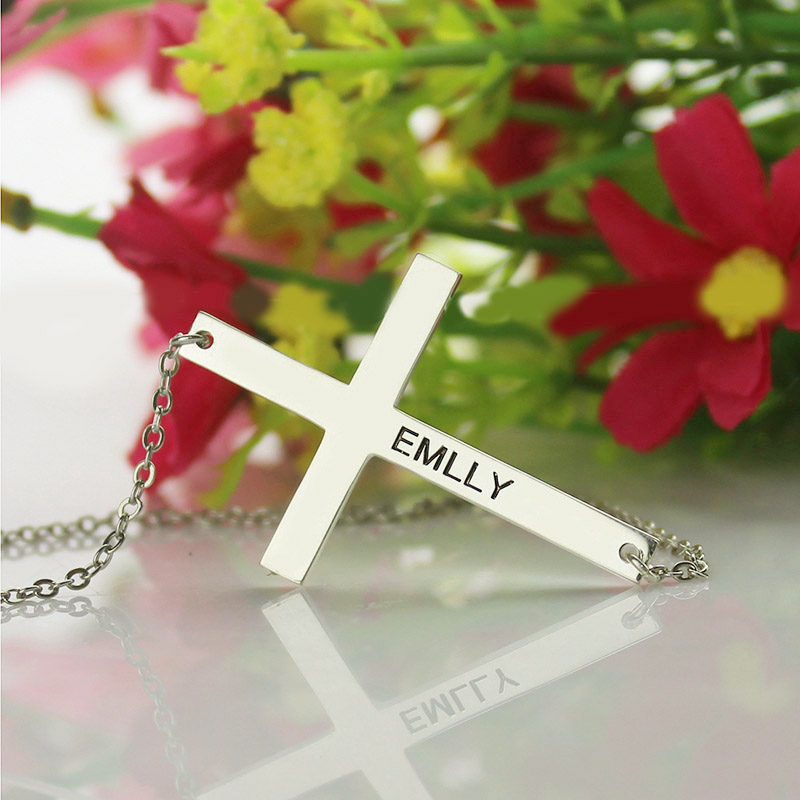 Engraved Silver Latin Cross Name Necklace - Gallery View Engraved silver Latin cross name necklace gallery image