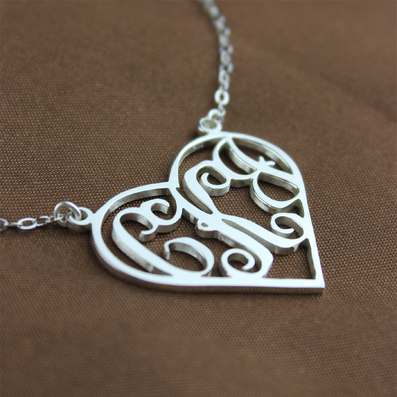White Gold Heart Initial Monogram Necklace Solid white gold personalised heart initial monogram necklace view