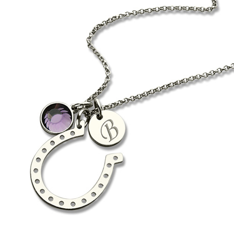 Personalised horseshoe necklace with initial disc and crystal birthstone charm