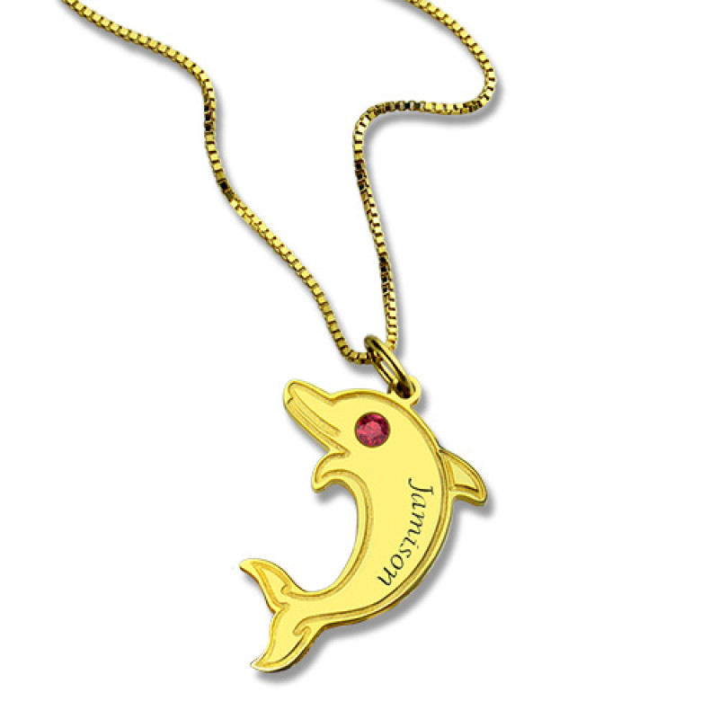 Dolphin Pendant Necklace with Birthstone and Name Personalised dolphin pendant necklace with engraved name and birthstone eye