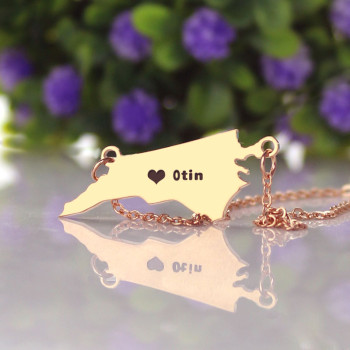 Personalised NC State USA Map Necklace With Heart Name Rose Gold