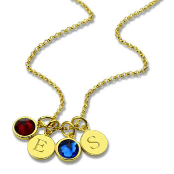 Custom Double Discs Initial Necklace with Birthstones In Gold Custom Double Discs Initial Necklace with Birthstones In Gold