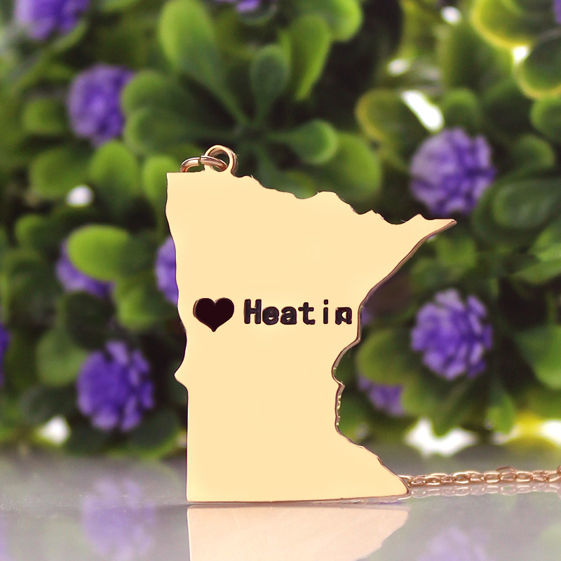 Minnesota Heart Name Necklace Custom Minnesota state-shaped heart name necklace