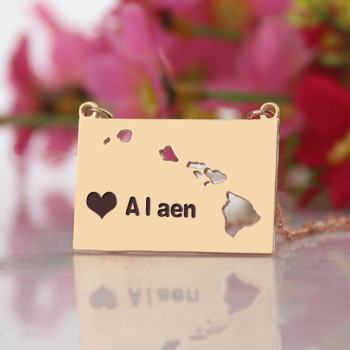 Custom Hawaii State Shaped Necklaces With Heart Name Rose Gold Custom Hawaii State Shaped Necklaces With Heart Name Rose Gold