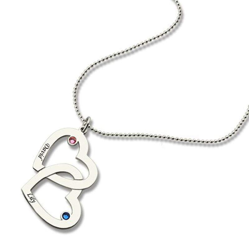 Double Heart Name and Birthstone Necklace Personalised double heart necklace with names and birthstones