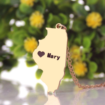 Custom Illinois State Shaped Necklaces With Heart Name Rose Gold Custom Illinois State Shaped Necklaces With Heart Name Rose Gold