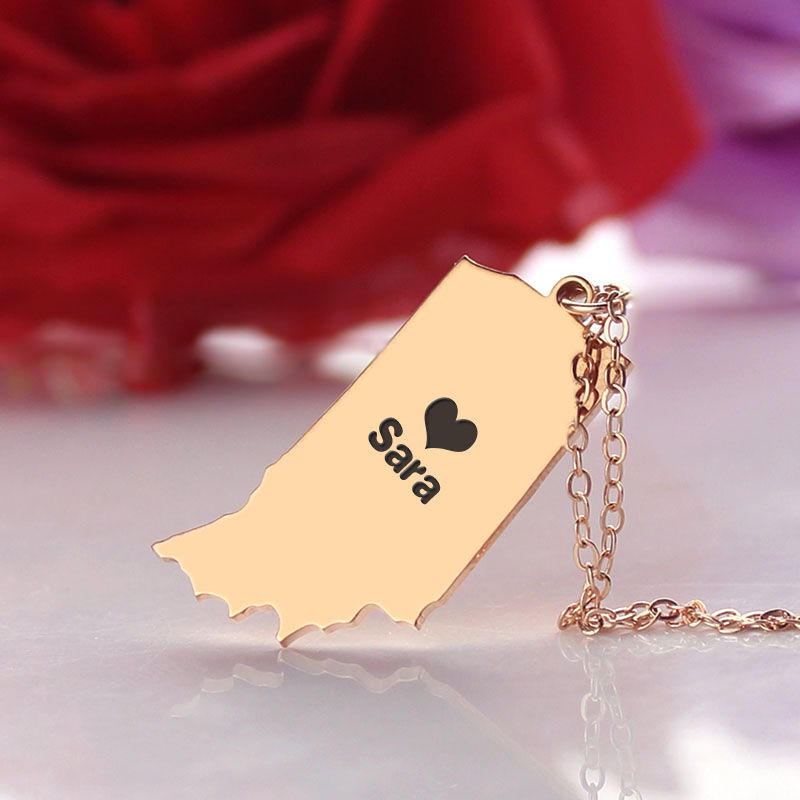 Custom Indiana state-shaped heart name necklace in rose gold